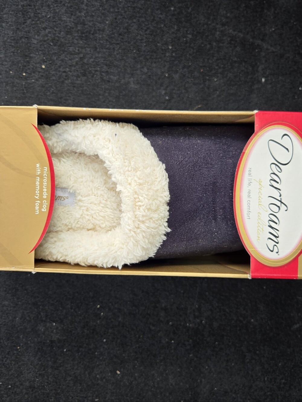 dearfoams Plush Slip-On Slippers in Black with Cream Lining